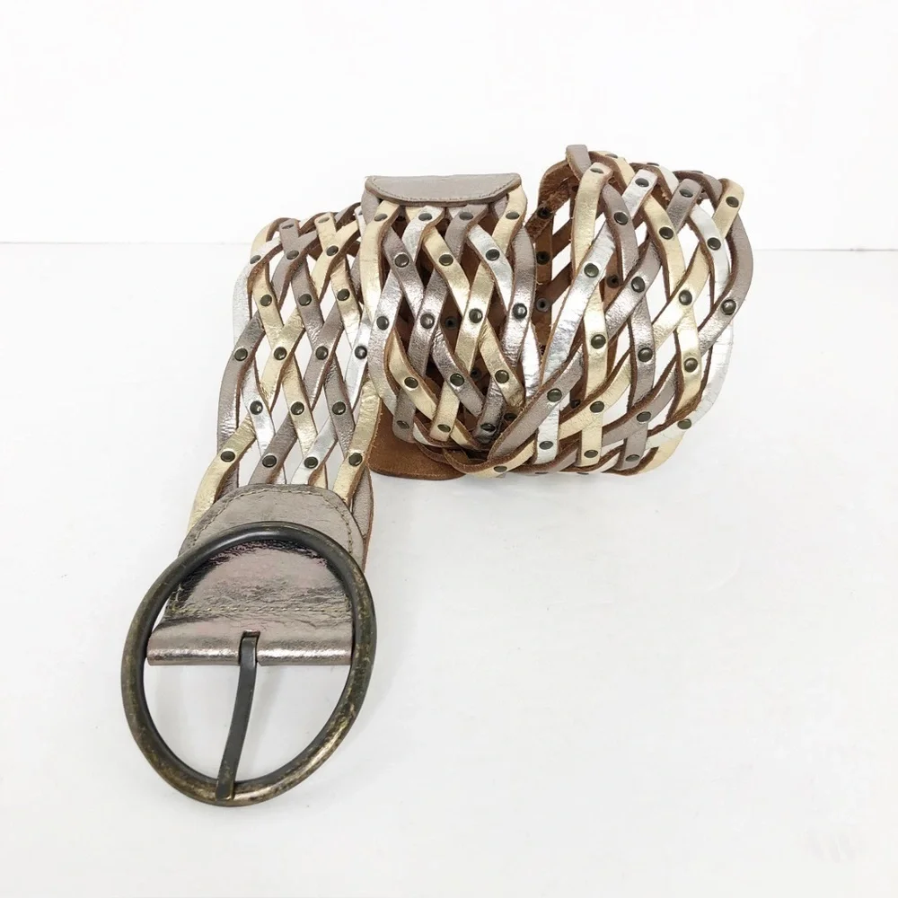 Fossil leather, metallic woven belt